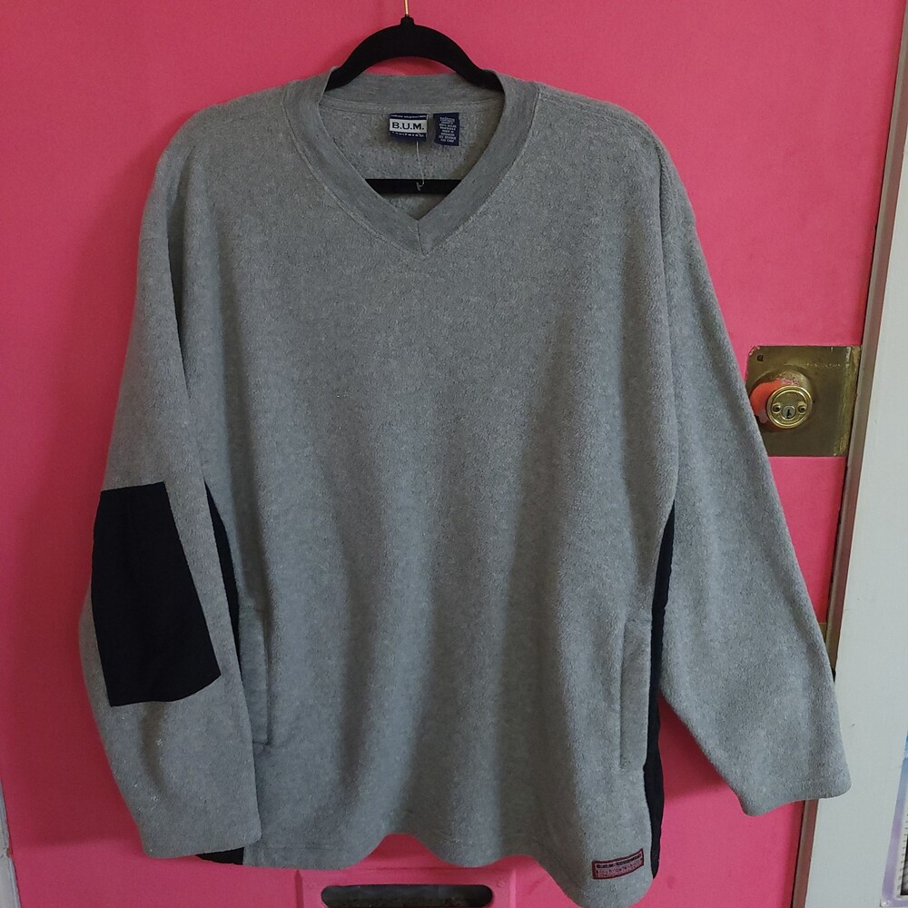 B.U.M. Equipment vintage 90s y2k Large vtg Gray Fleece Sweatshirt Black Panels